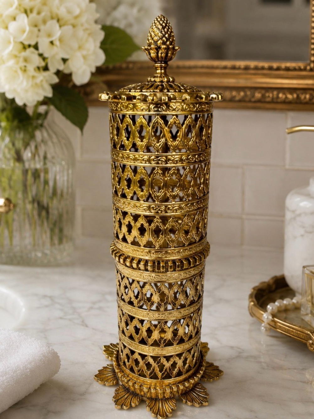 Vintage Hollywood Regency Gold Filigree Vanity Toothbrush Makeup Brush Holder 9”